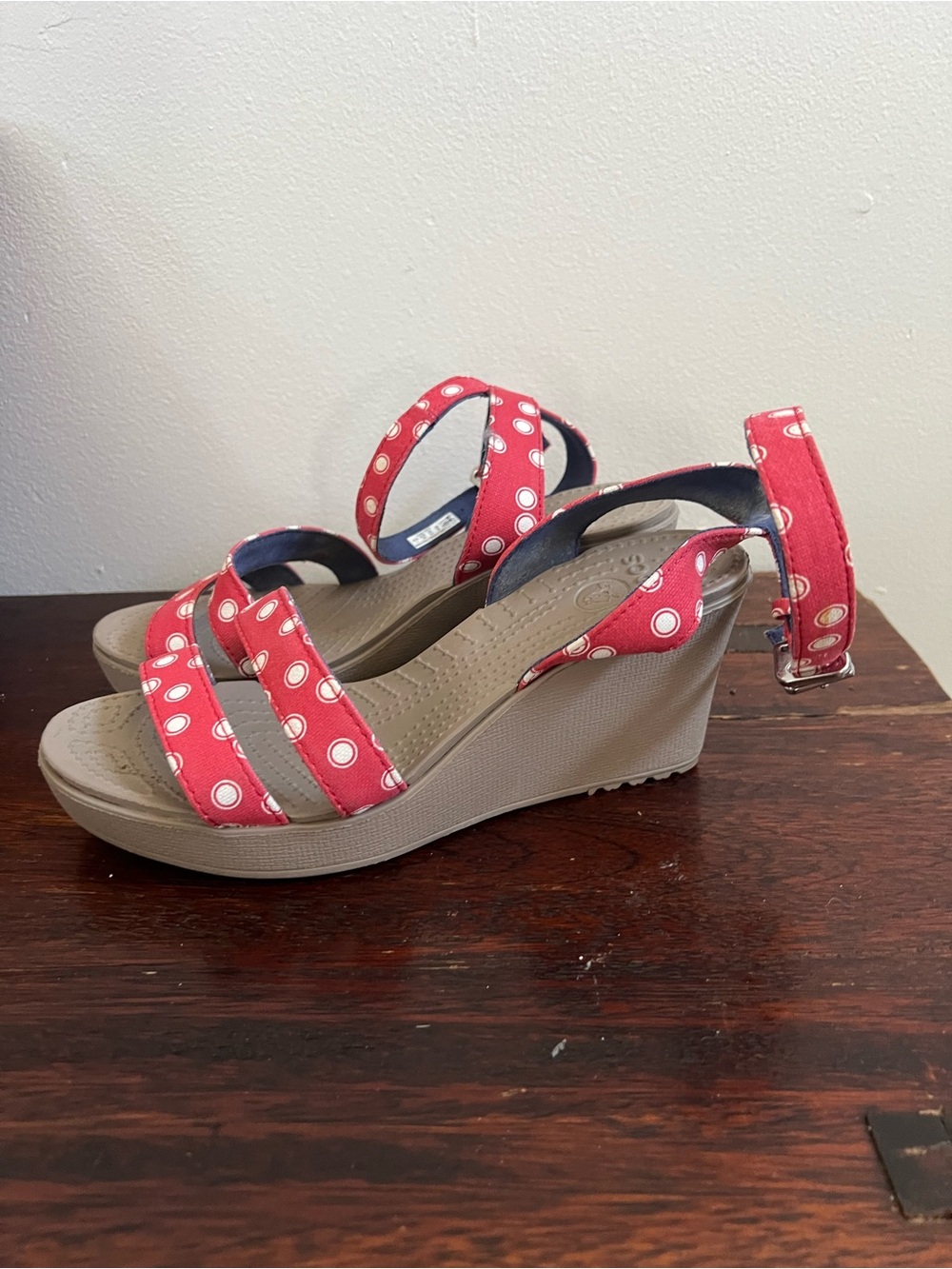 CROCS Red Polka Dot Strappy Wedge Sandals - Picture 3 of 6